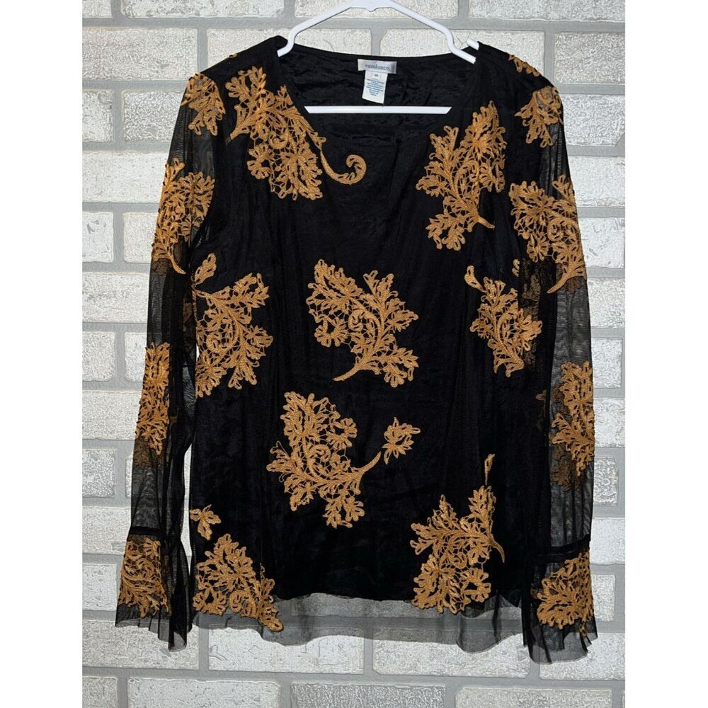 Sundance Blouse Sz Medium Black Mesh Embroidered Beaded Flora Top Flare Sleeve